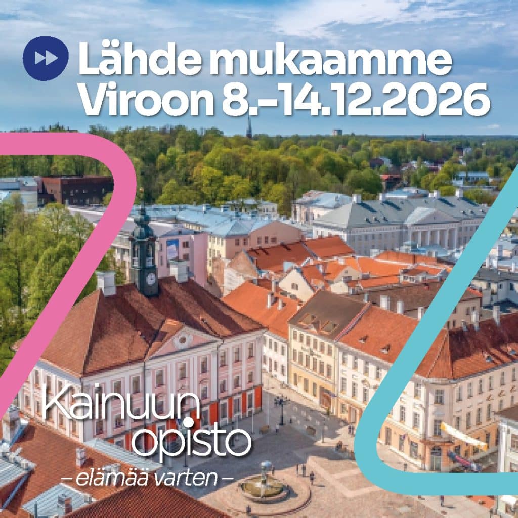 Aerial view of a historic town with red tiled roofs and green trees overlaid with bold Finnish text inviting to a trip to Estonia  Dec  decorative pink and teal shapes frame the scene  Kainuun Opisto  Kainuun Opisto